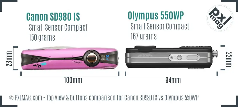 Canon SD980 IS vs Olympus 550WP top view buttons comparison