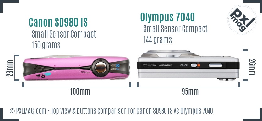 Canon SD980 IS vs Olympus 7040 top view buttons comparison