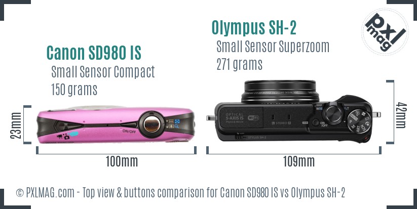 Canon SD980 IS vs Olympus SH-2 top view buttons comparison