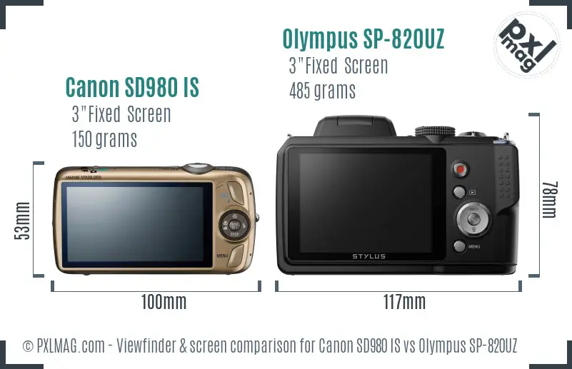 Canon SD980 IS vs Olympus SP-820UZ Screen and Viewfinder comparison