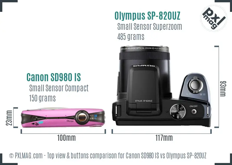 Canon SD980 IS vs Olympus SP-820UZ top view buttons comparison