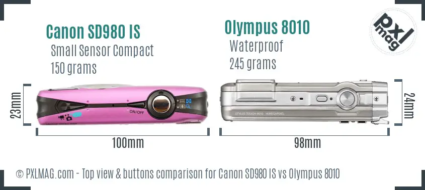 Canon SD980 IS vs Olympus 8010 top view buttons comparison