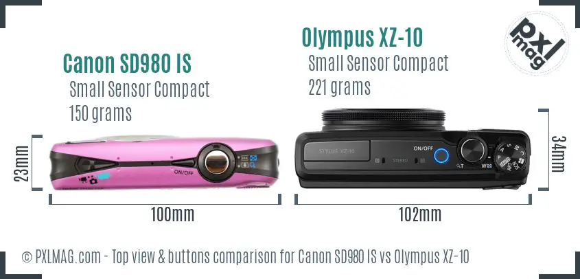 Canon SD980 IS vs Olympus XZ-10 top view buttons comparison