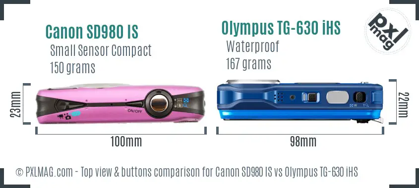 Canon SD980 IS vs Olympus TG-630 iHS top view buttons comparison