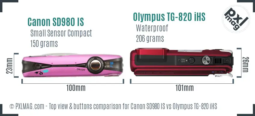 Canon SD980 IS vs Olympus TG-820 iHS top view buttons comparison