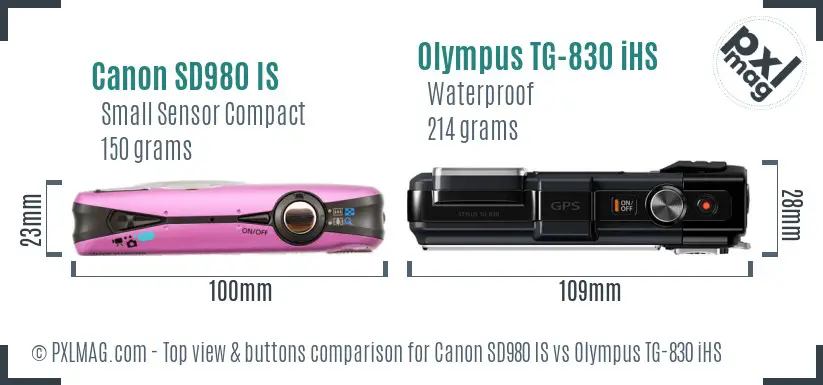 Canon SD980 IS vs Olympus TG-830 iHS top view buttons comparison