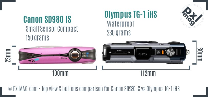 Canon SD980 IS vs Olympus TG-1 iHS top view buttons comparison