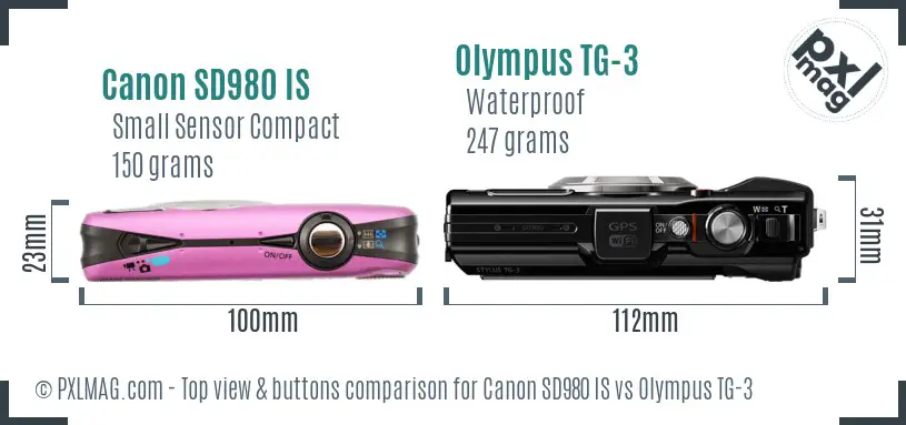 Canon SD980 IS vs Olympus TG-3 top view buttons comparison