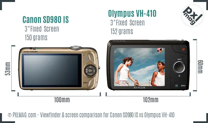 Canon SD980 IS vs Olympus VH-410 Screen and Viewfinder comparison