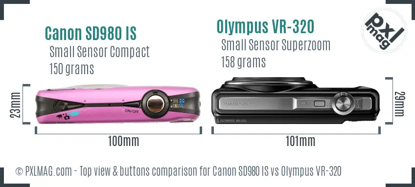 Canon SD980 IS vs Olympus VR-320 top view buttons comparison
