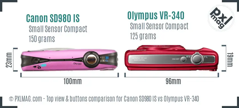Canon SD980 IS vs Olympus VR-340 top view buttons comparison