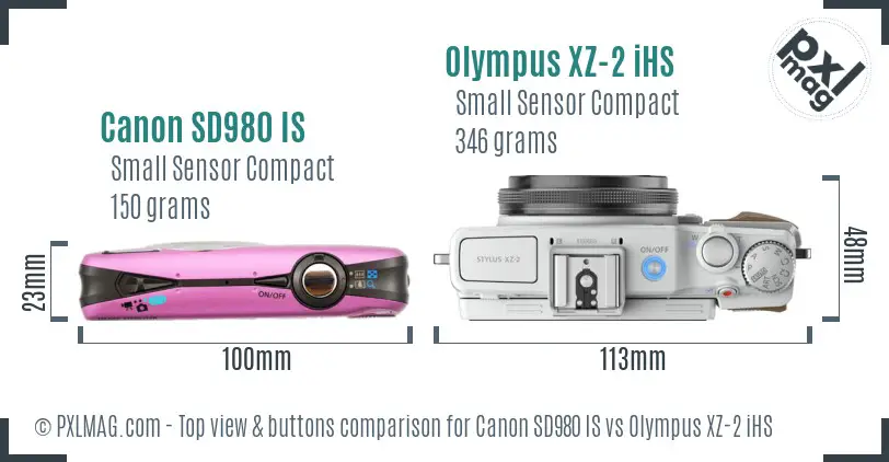 Canon SD980 IS vs Olympus XZ-2 iHS top view buttons comparison