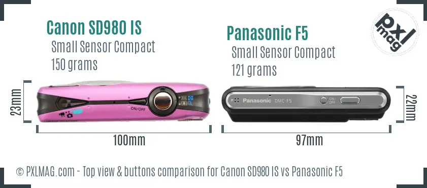 Canon SD980 IS vs Panasonic F5 top view buttons comparison