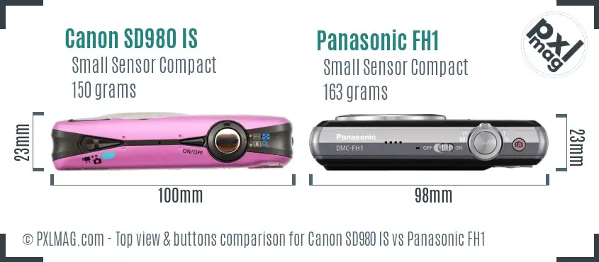Canon SD980 IS vs Panasonic FH1 top view buttons comparison