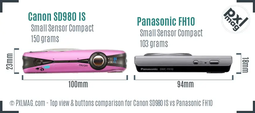 Canon SD980 IS vs Panasonic FH10 top view buttons comparison
