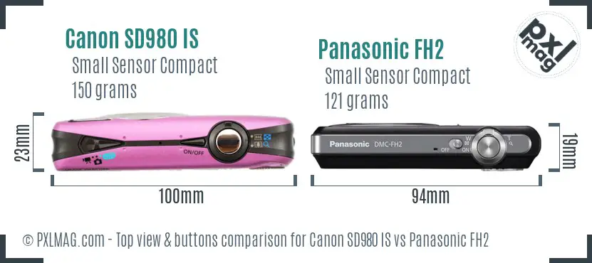 Canon SD980 IS vs Panasonic FH2 top view buttons comparison