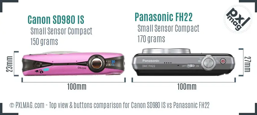 Canon SD980 IS vs Panasonic FH22 top view buttons comparison