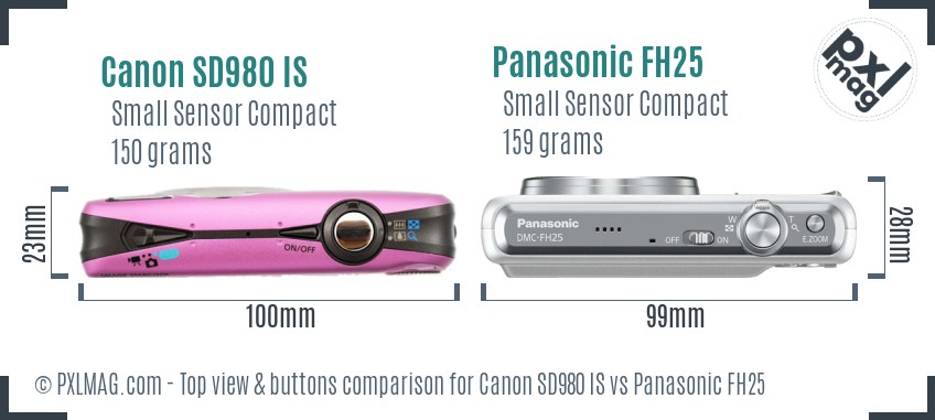 Canon SD980 IS vs Panasonic FH25 top view buttons comparison