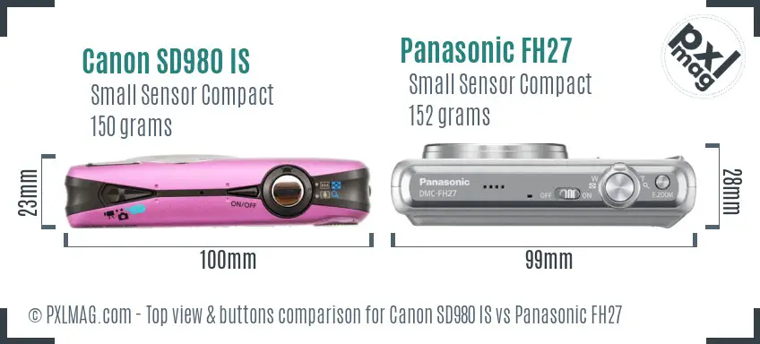 Canon SD980 IS vs Panasonic FH27 top view buttons comparison