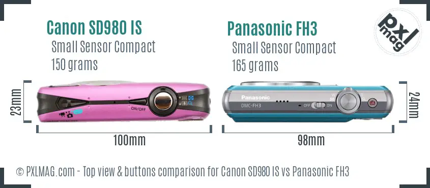 Canon SD980 IS vs Panasonic FH3 top view buttons comparison Canon SD980 IS vs Panasonic FH3 top view buttons comparison