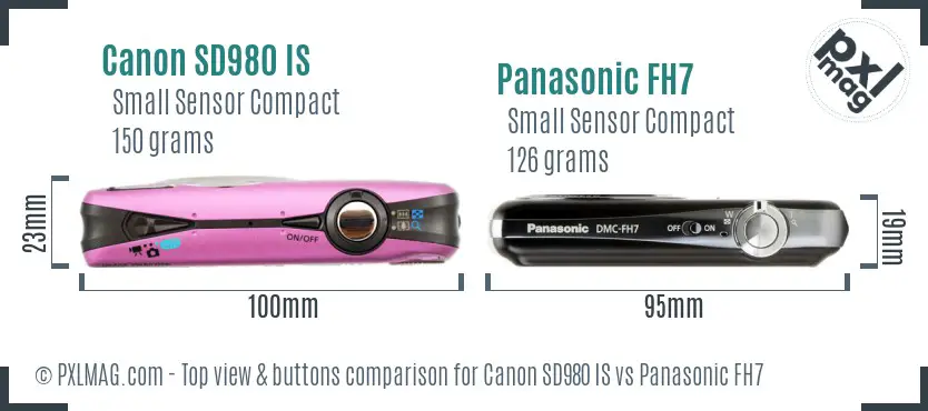 Canon SD980 IS vs Panasonic FH7 top view buttons comparison