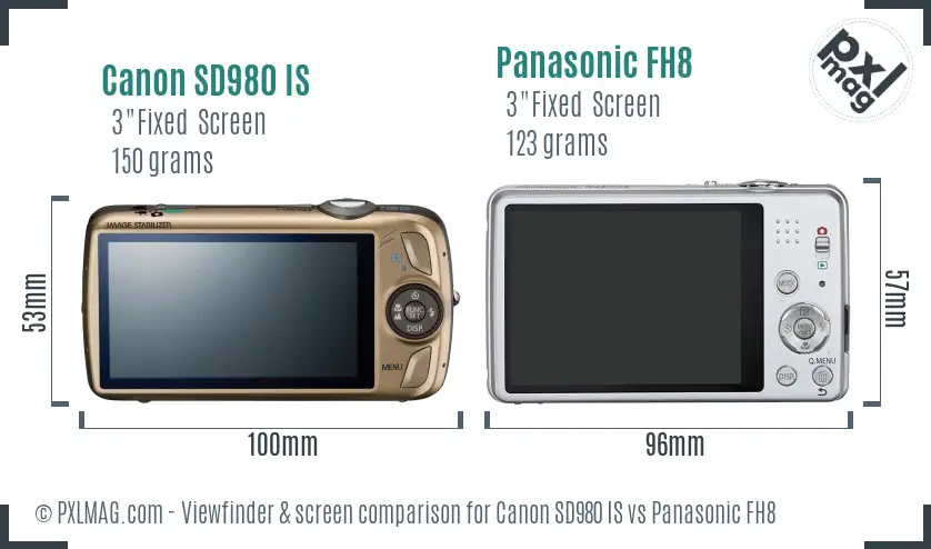 Canon SD980 IS vs Panasonic FH8 Screen and Viewfinder comparison
