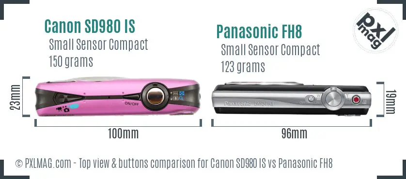 Canon SD980 IS vs Panasonic FH8 top view buttons comparison