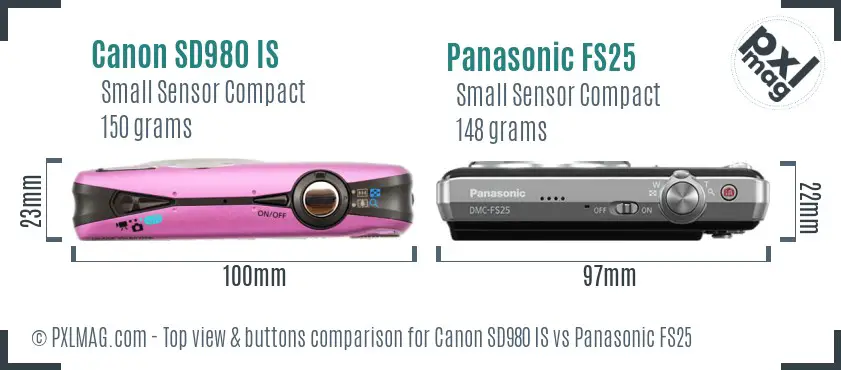 Canon SD980 IS vs Panasonic FS25 top view buttons comparison