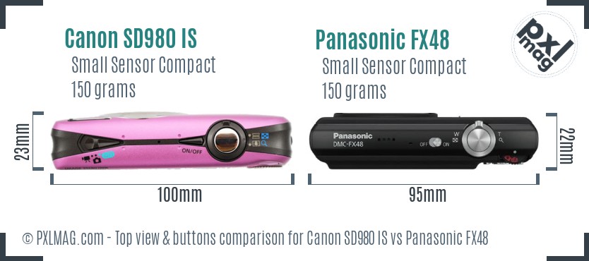 Canon SD980 IS vs Panasonic FX48 top view buttons comparison