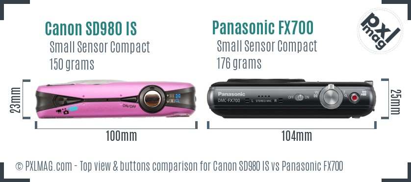 Canon SD980 IS vs Panasonic FX700 top view buttons comparison