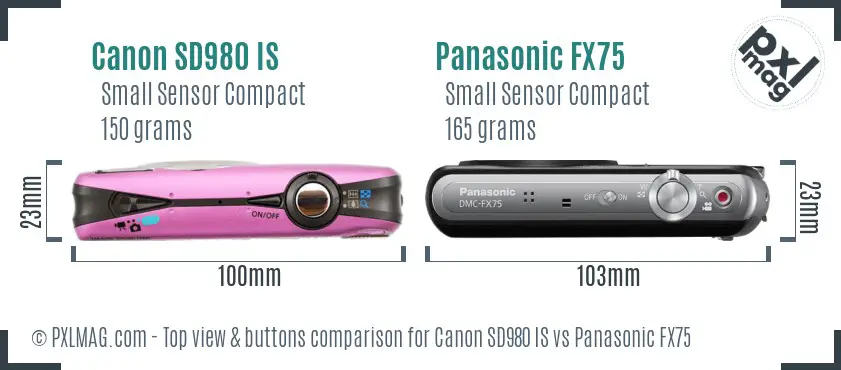 Canon SD980 IS vs Panasonic FX75 top view buttons comparison