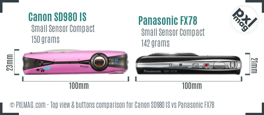 Canon SD980 IS vs Panasonic FX78 top view buttons comparison