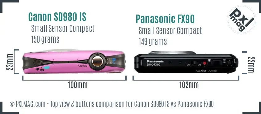 Canon SD980 IS vs Panasonic FX90 top view buttons comparison
