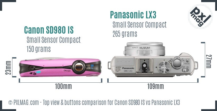 Canon SD980 IS vs Panasonic LX3 top view buttons comparison