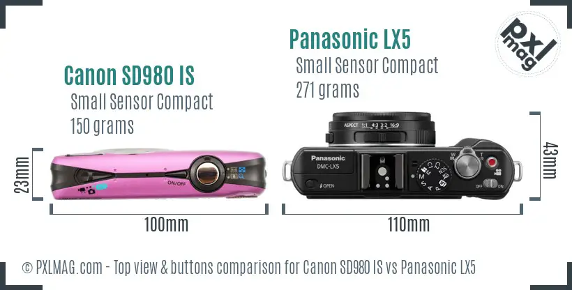 Canon SD980 IS vs Panasonic LX5 top view buttons comparison