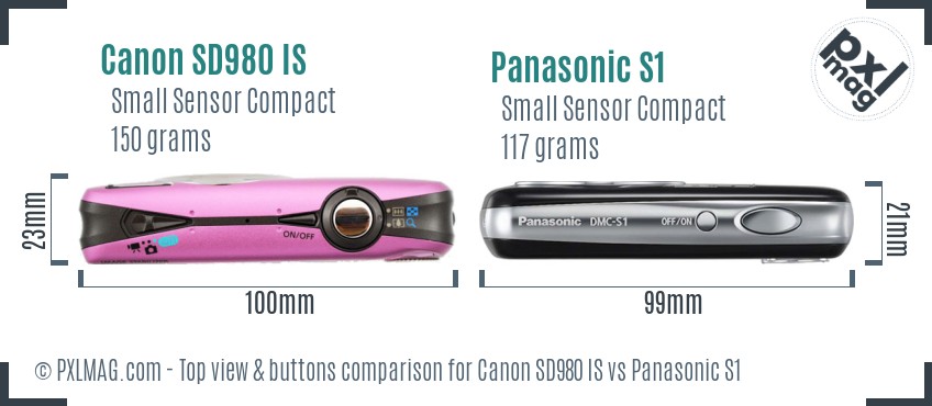 Canon SD980 IS vs Panasonic S1 top view buttons comparison
