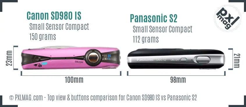 Canon SD980 IS vs Panasonic S2 top view buttons comparison