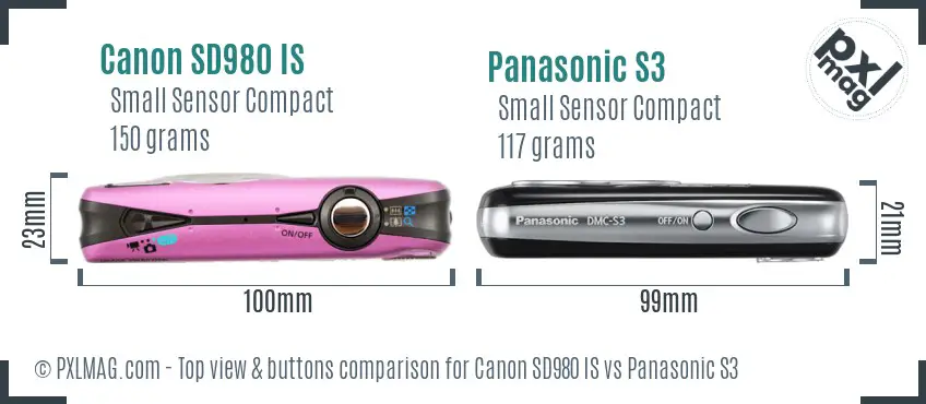 Canon SD980 IS vs Panasonic S3 top view buttons comparison