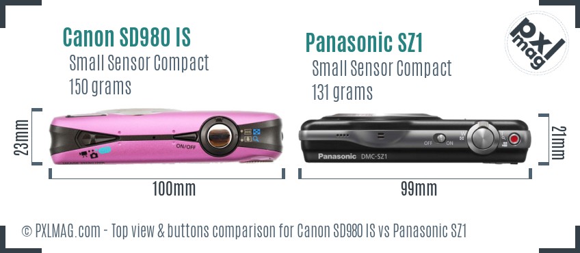 Canon SD980 IS vs Panasonic SZ1 top view buttons comparison