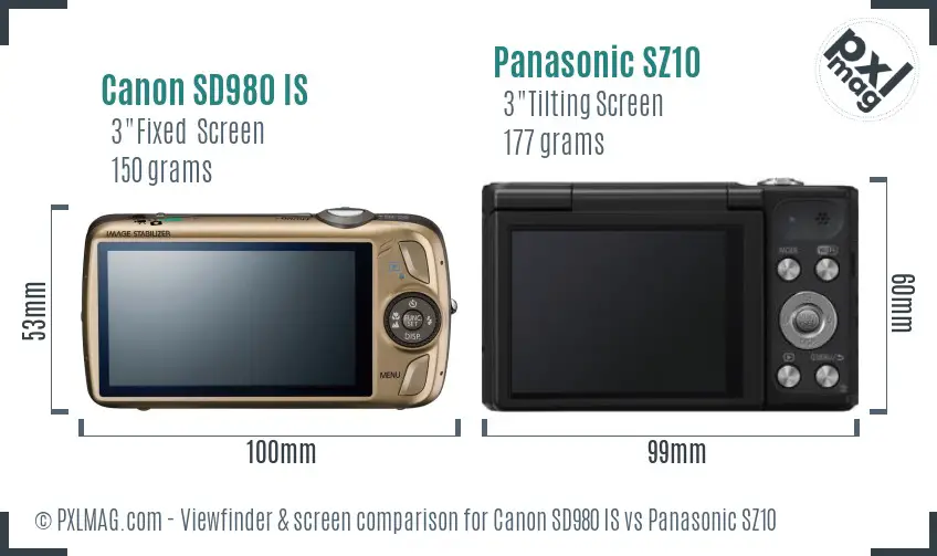 Canon SD980 IS vs Panasonic SZ10 Screen and Viewfinder comparison