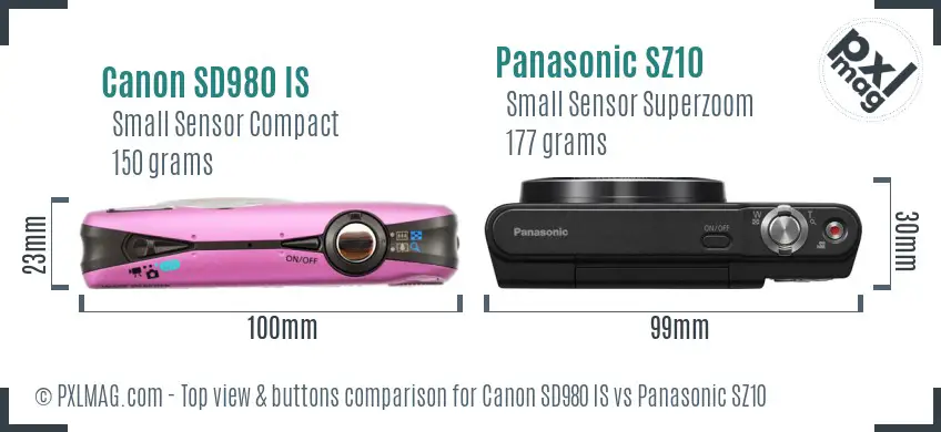 Canon SD980 IS vs Panasonic SZ10 top view buttons comparison