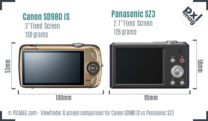 Canon SD980 IS vs Panasonic SZ3 Screen and Viewfinder comparison