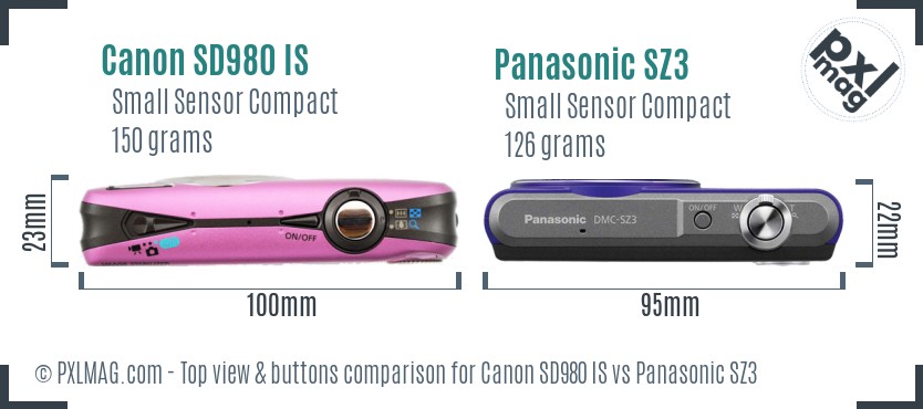 Canon SD980 IS vs Panasonic SZ3 top view buttons comparison