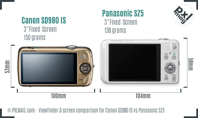 Canon SD980 IS vs Panasonic SZ5 Screen and Viewfinder comparison