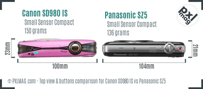 Canon SD980 IS vs Panasonic SZ5 top view buttons comparison