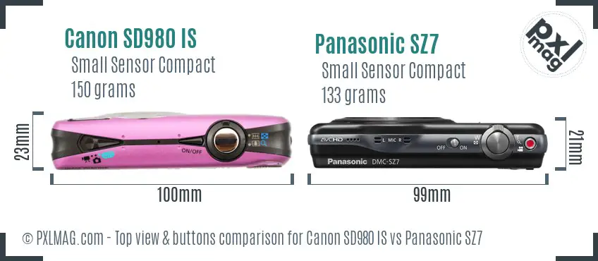 Canon SD980 IS vs Panasonic SZ7 top view buttons comparison