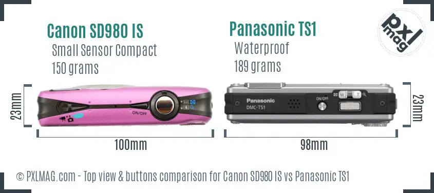 Canon SD980 IS vs Panasonic TS1 top view buttons comparison