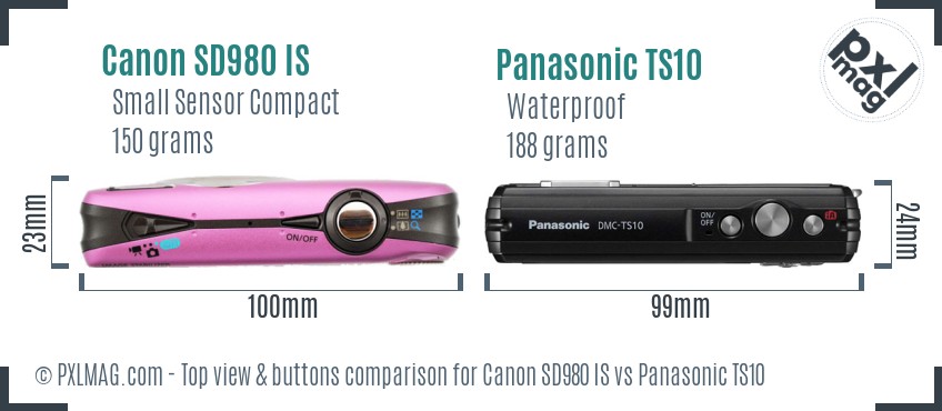Canon SD980 IS vs Panasonic TS10 top view buttons comparison