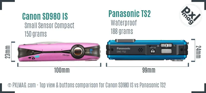 Canon SD980 IS vs Panasonic TS2 top view buttons comparison