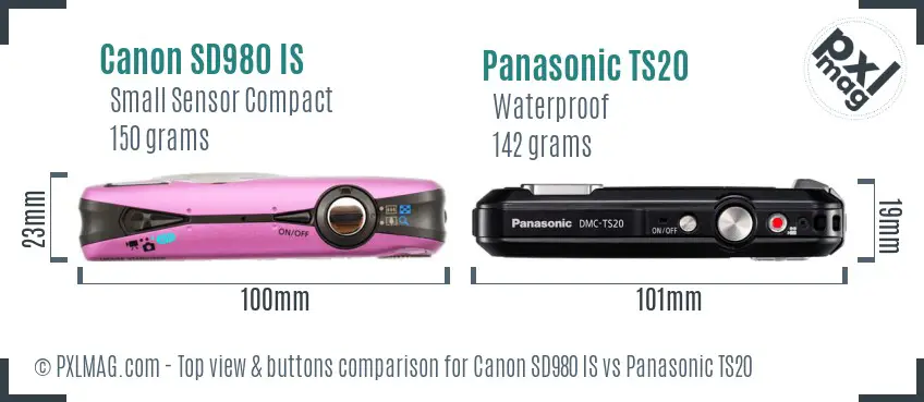 Canon SD980 IS vs Panasonic TS20 top view buttons comparison